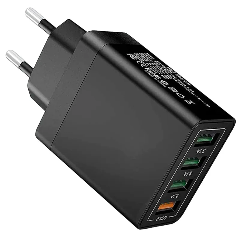 За бързо зареждане с 4 USB порта - черен адаптер