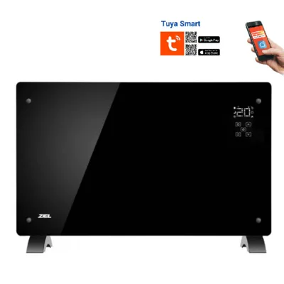 Черен конвектор със стъклен панел, 2000 W, таймер и Wi-Fi