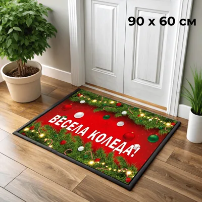 90x60 Коледна изтривалка, червена с венци см