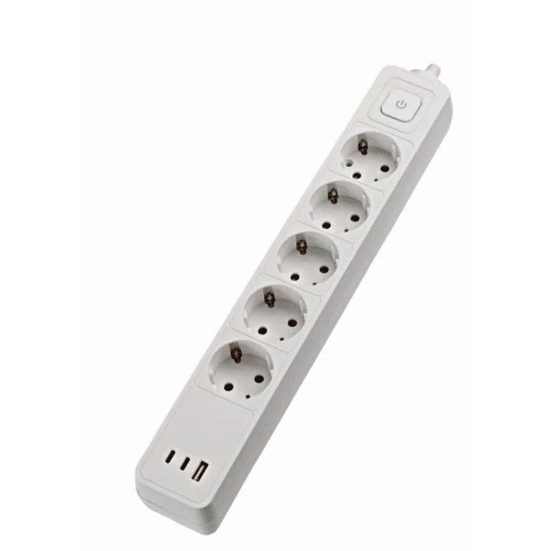 Разклонител с 5 гнезда, USB-A и 2 USB-C, 1,4 м кабел