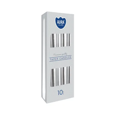 Свещи конус сребърни, 10 броя, ø2.3x24.5 см