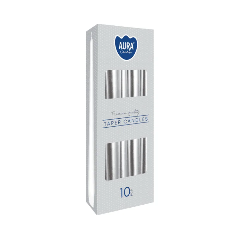 Свещи конус сребърни, 10 броя, ø2.3x24.5 см