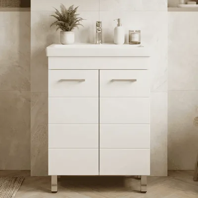 PVC шкаф за баня с 2 врати, стоящ с крачета, бял гланц Inter Ceramic
