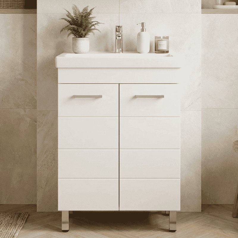 PVC шкаф за баня с 2 врати, стоящ с крачета, бял гланц Inter Ceramic