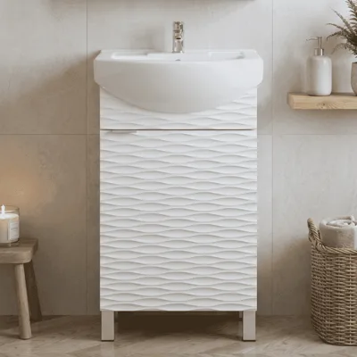 PVC шкаф за баня с порцеланов умивалник, стоящ, бял гланц Inter Ceramic