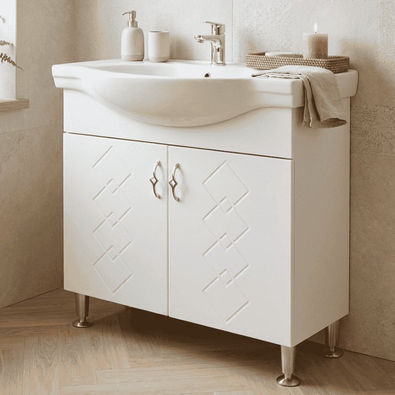 PVC шкаф за баня с порцеланов умивалник, стоящ с метални крачета Inter Ceramic