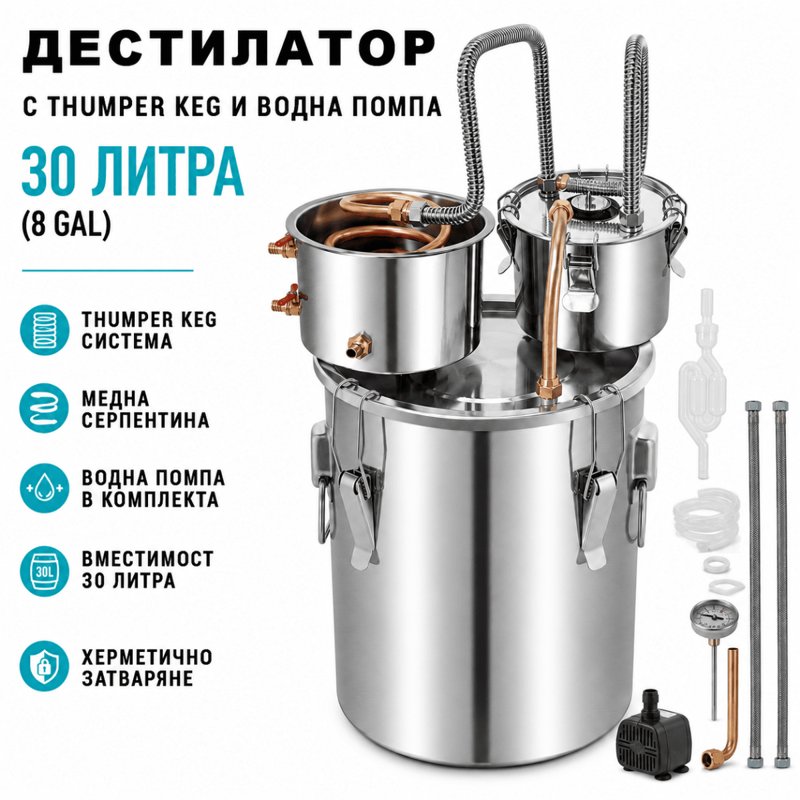 Професионален казан за дестилация 30 л, 3 съда, меден охладител